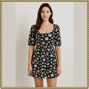 American Eagle Black Pink Floral Tie Back Scoop Neck Babydoll Mini Dress Medium